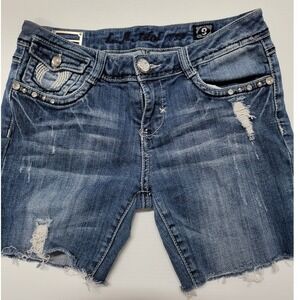 LA Idol USA Womens Distressed Denim Shorts Wing Rhinestone Studded Blue Size 9